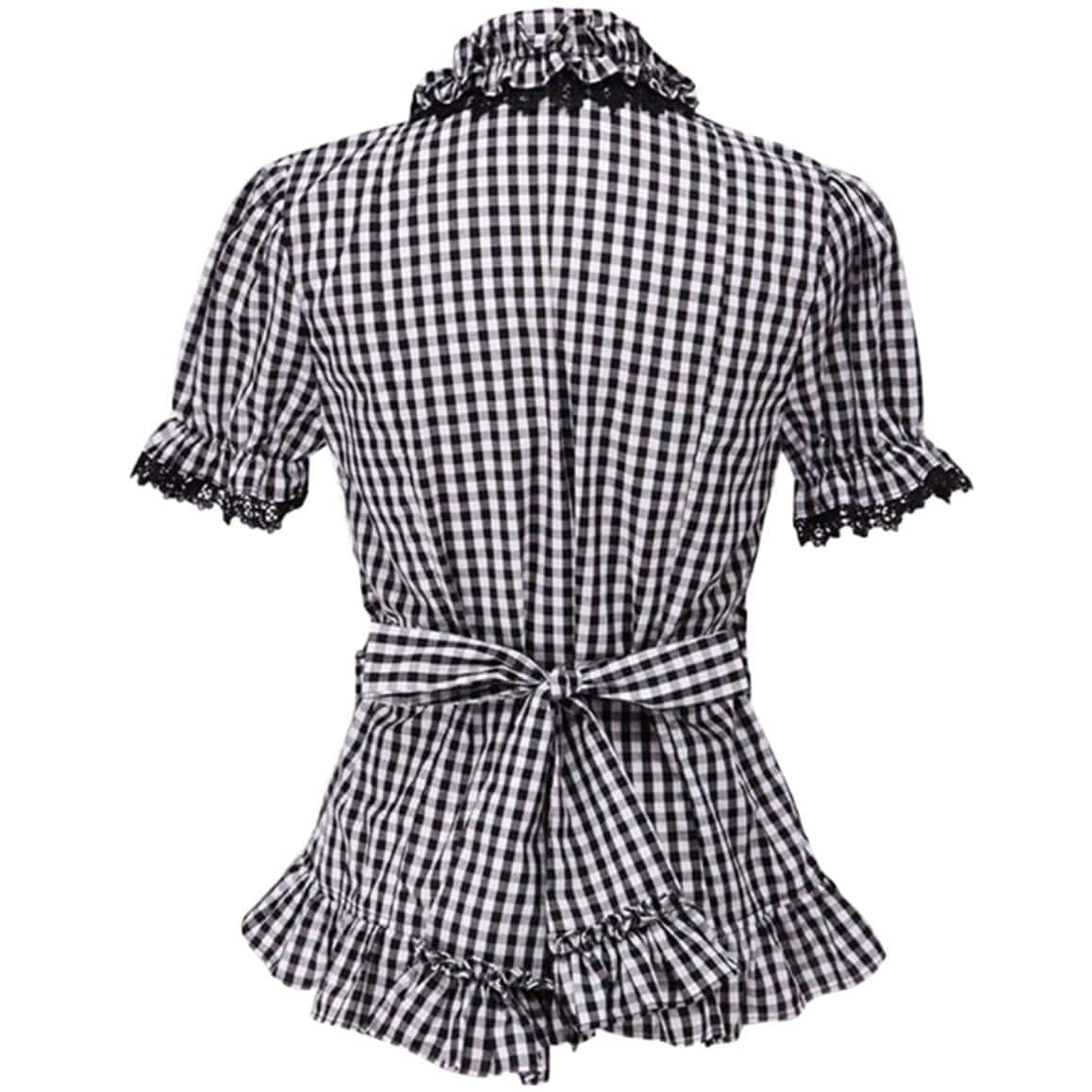 Back view of a black and white gingham blouse with lace details and a tie at the waist.
