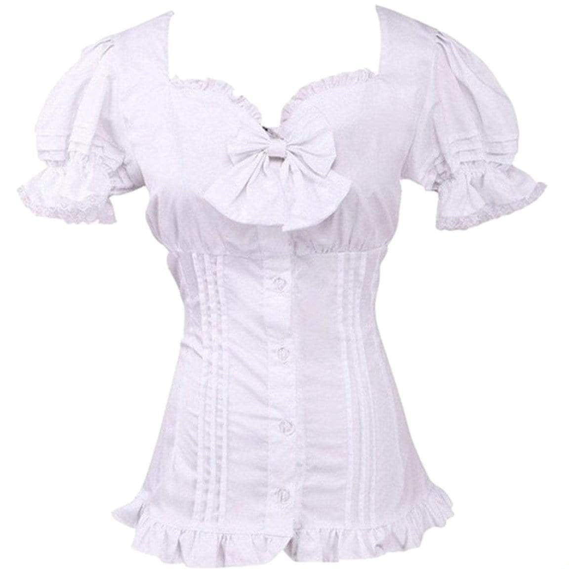 White button-up blouse with short, ruffled sleeves and a large bow at the neckline.
