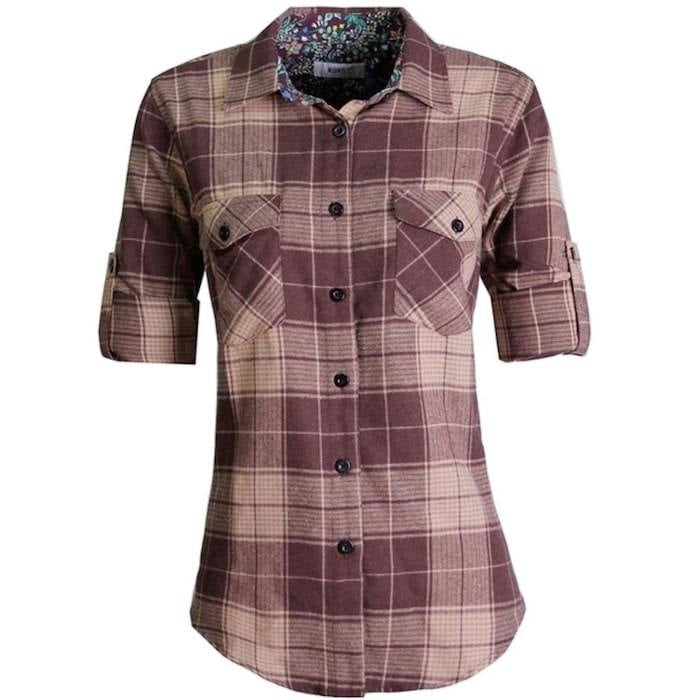 Brown and tan plaid button-down shirt with short sleeves.