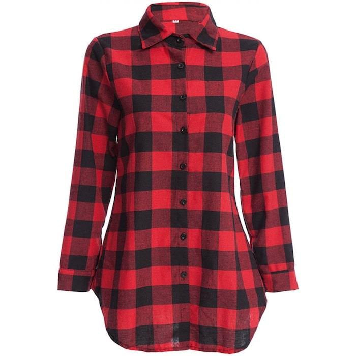 Red and black plaid button-down shirt.
