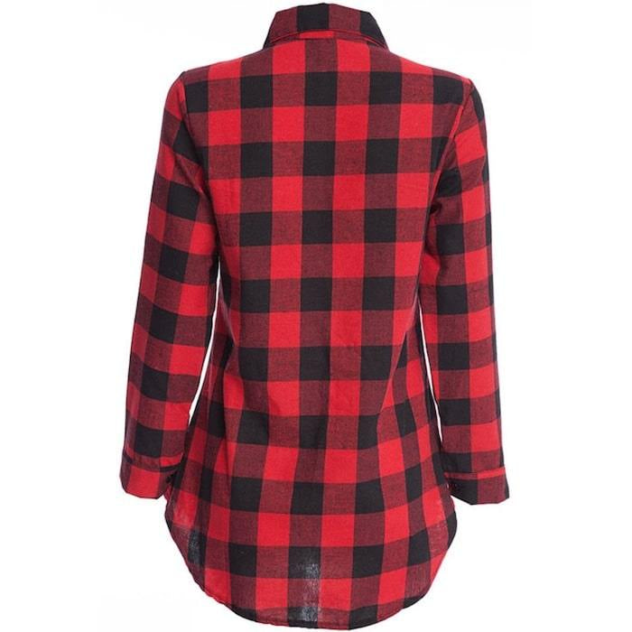 Back view of a red and black checkered button-down shirt.