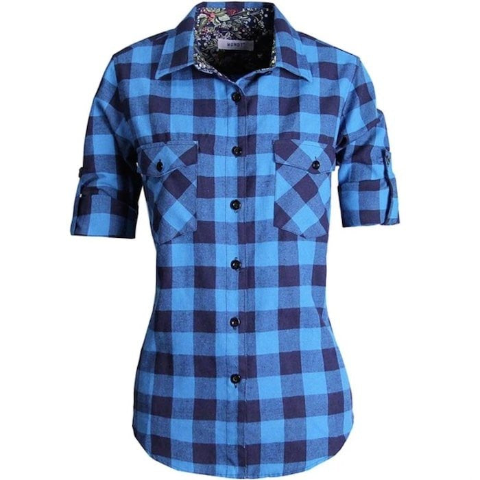 Blue and navy plaid shirt with floral print collar.