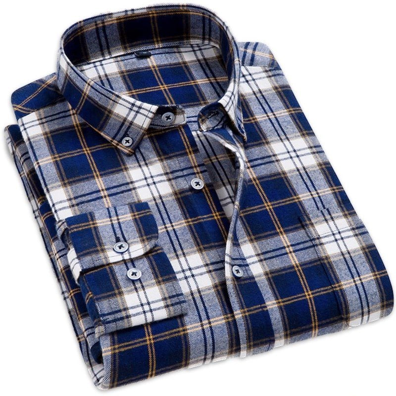 Folded, long-sleeved, blue and white plaid shirt.
