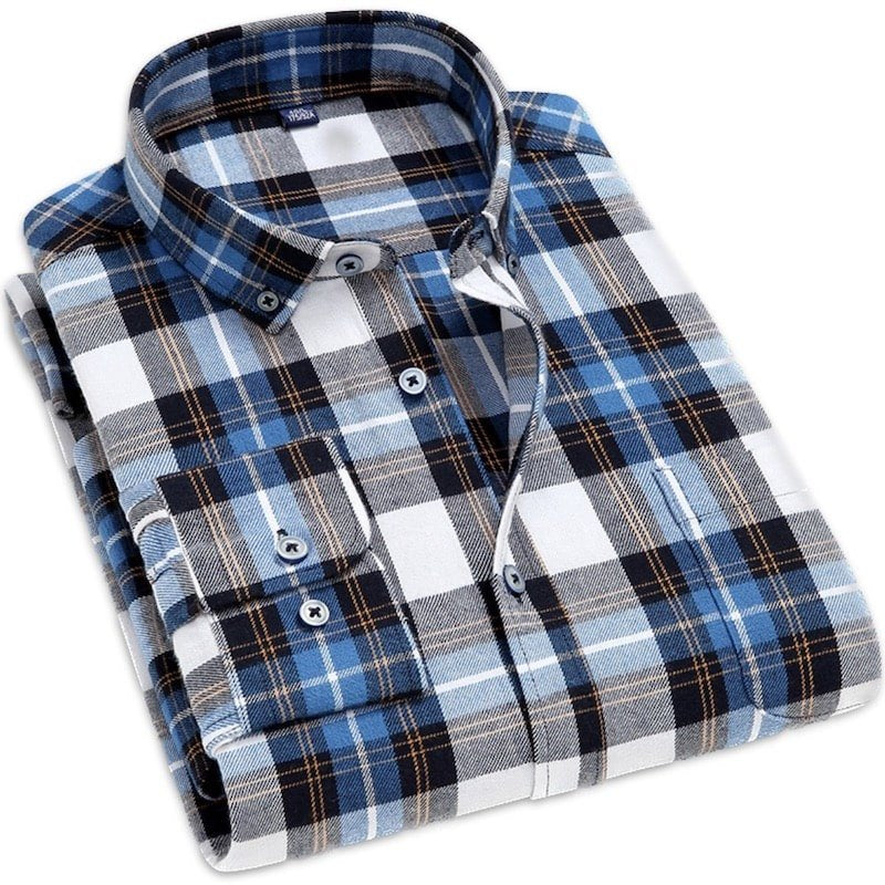 Folded blue and white plaid flannel shirt.