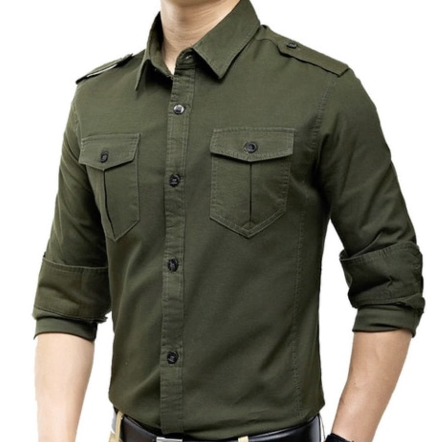 Olive green, long-sleeved, button-up shirt with chest pockets and epaulettes.
