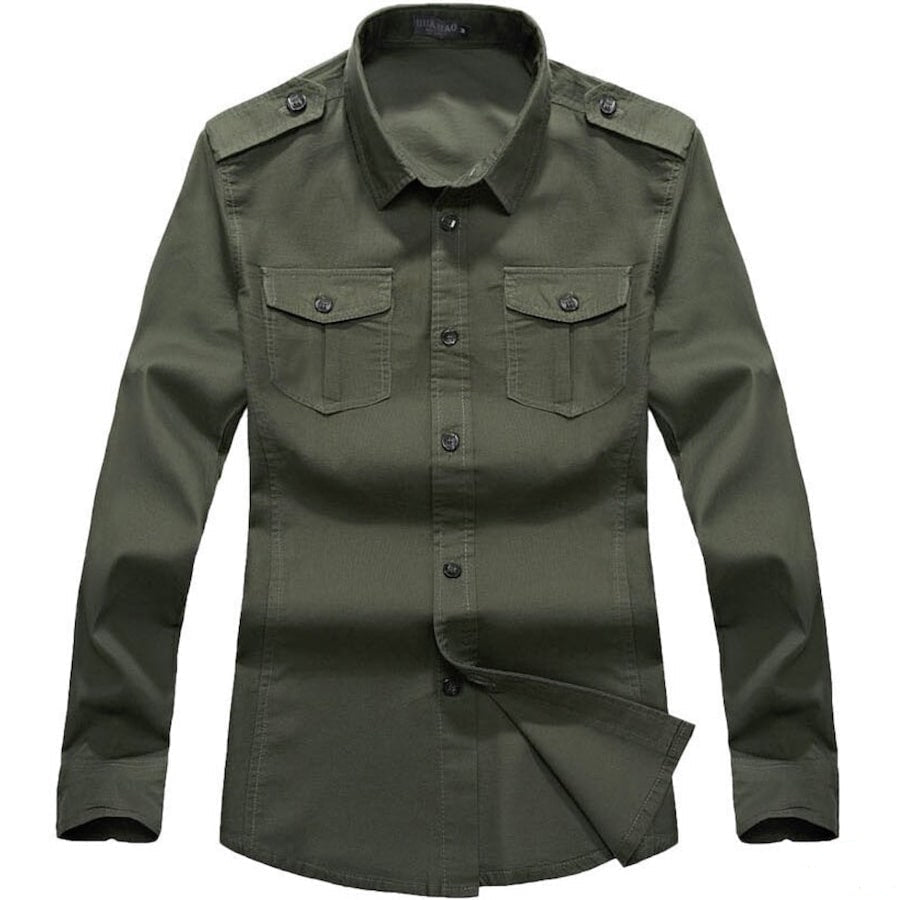 Olive green button-up shirt.