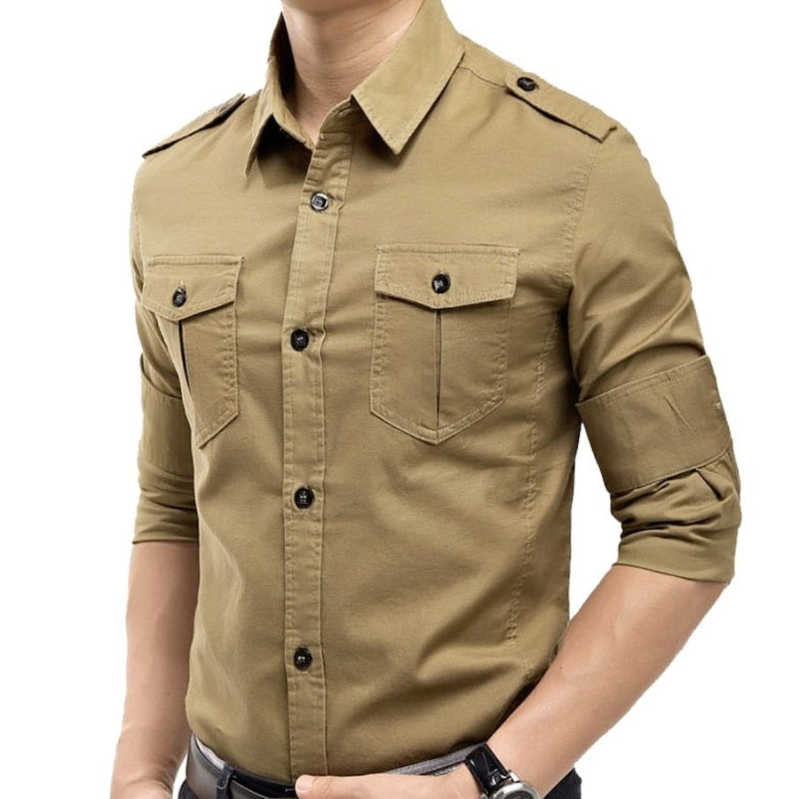 Khaki shirt with epaulettes and chest pockets.