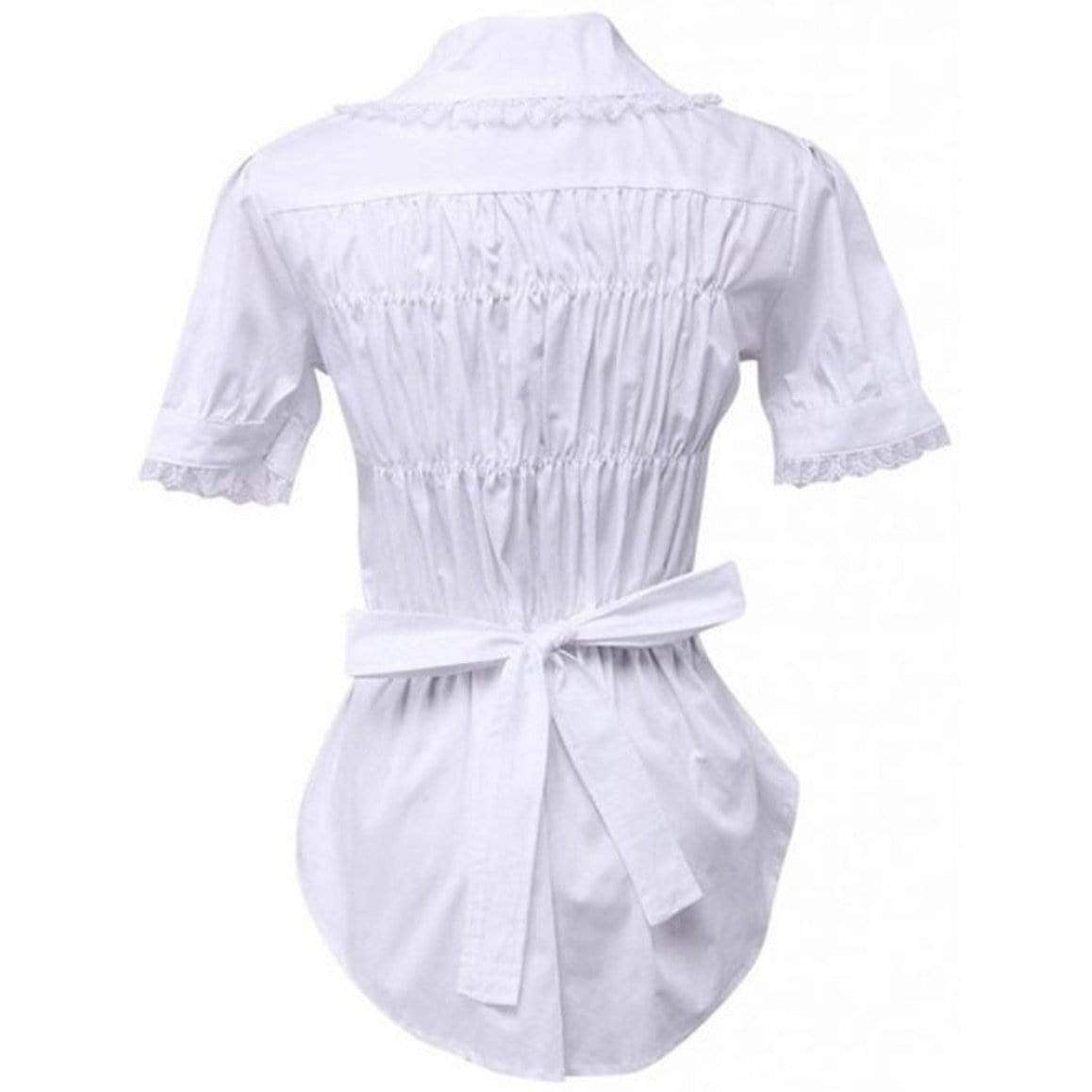 White blouse with a tied waist and lace trim.
