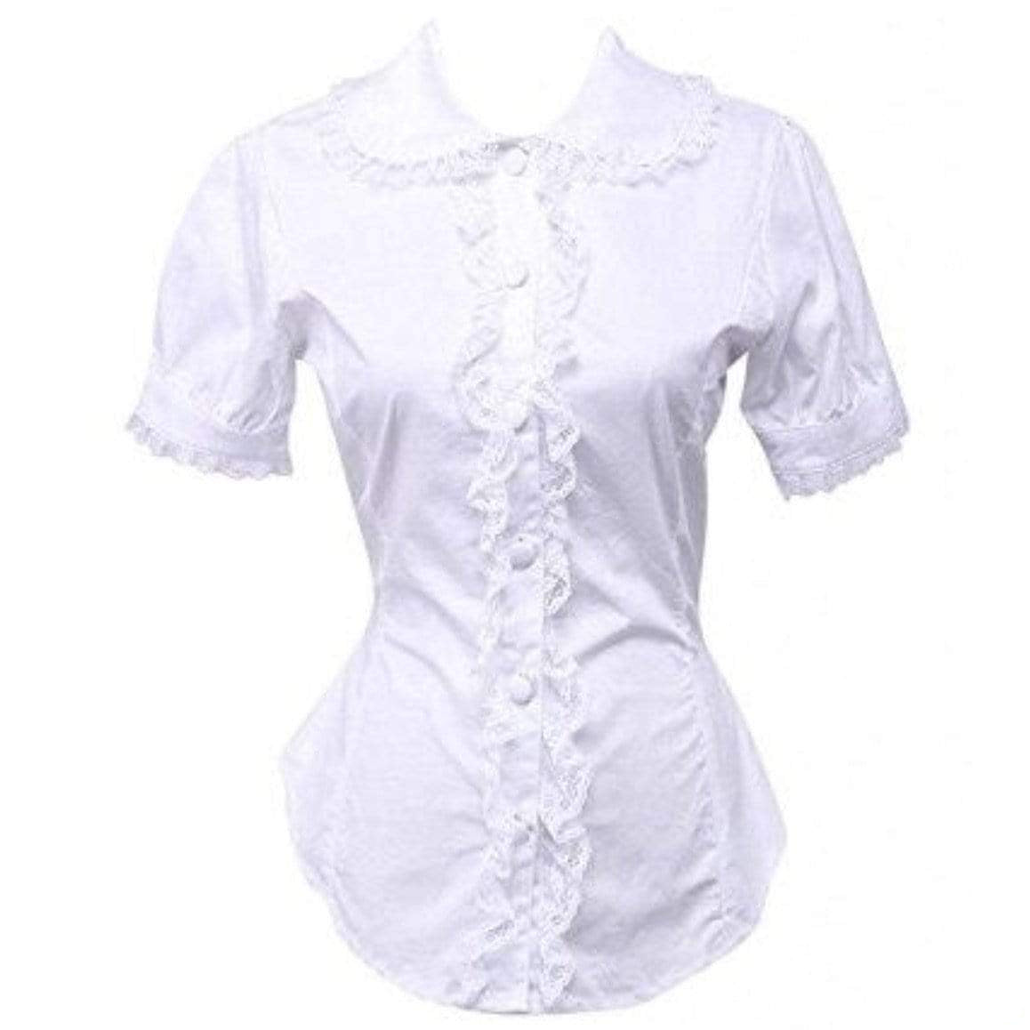 White, short-sleeved blouse with lace trim and ruffled placket.

