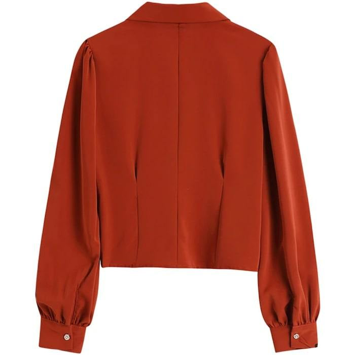 Back view of a burnt orange collared shirt with long sleeves and a button closure.