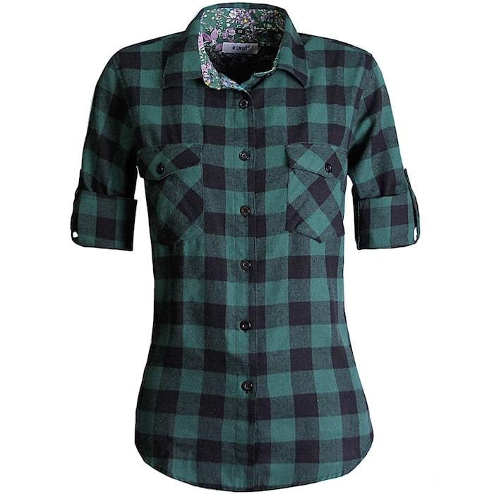 Green and black plaid flannel shirt with roll-up sleeves.
