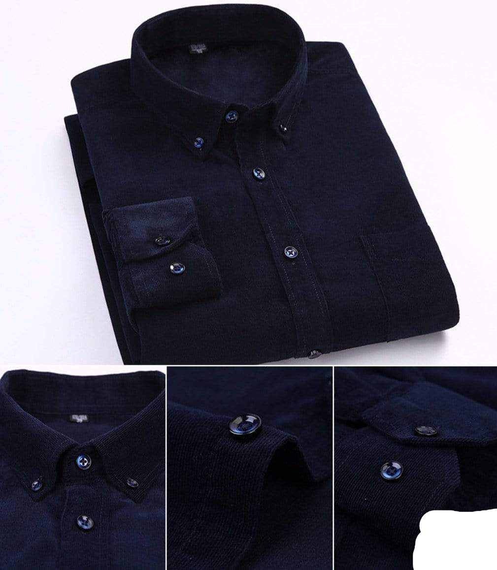 Dark blue, button-down corduroy shirt.
