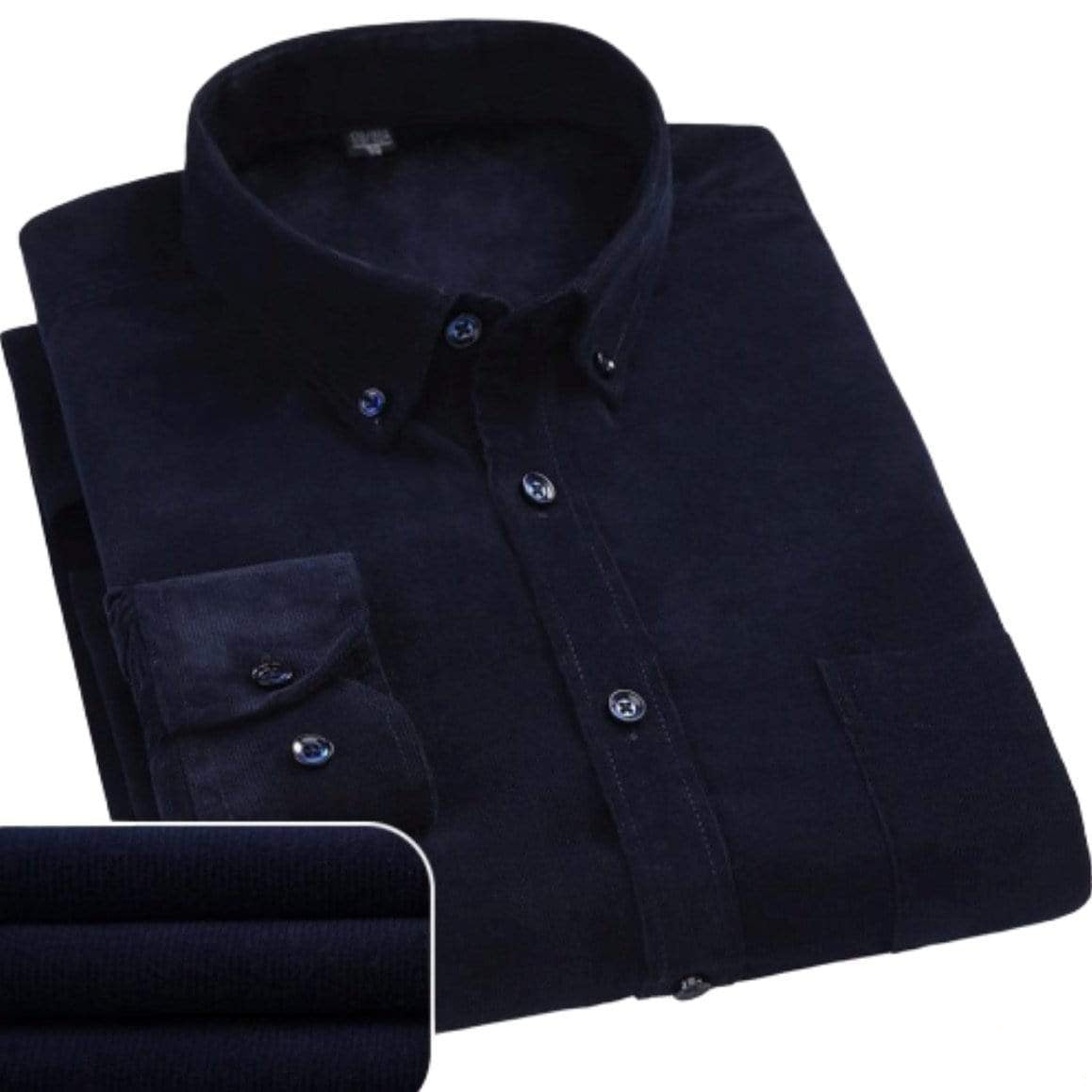 Dark blue corduroy button-down shirt.