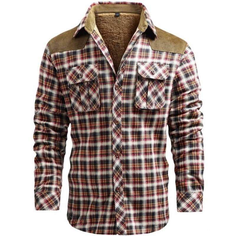 Long-sleeved, plaid shirt with brown suede shoulder patches.