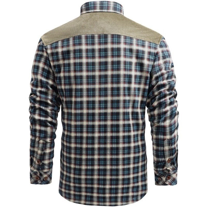 Back view of a plaid flannel shirt with a suede-like yoke.
