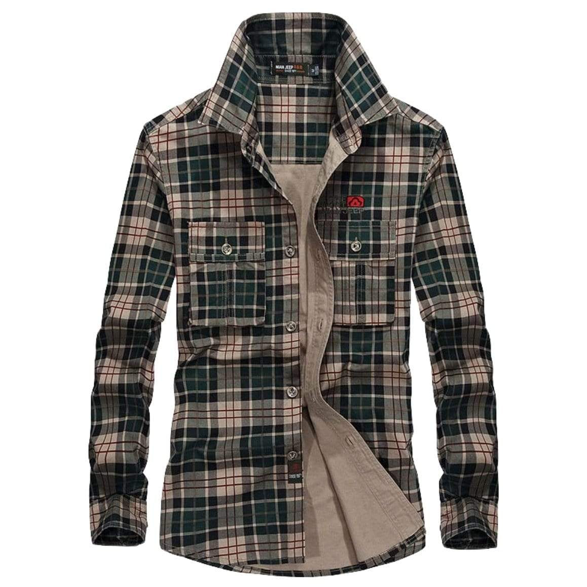 Open plaid shirt with two pockets.