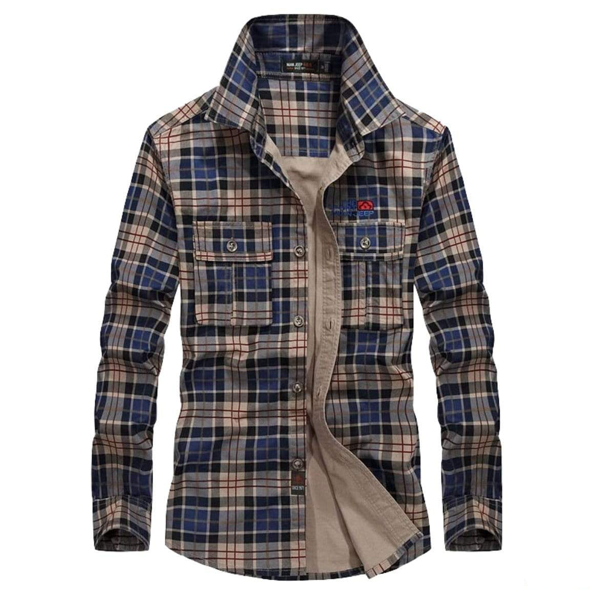 Plaid long-sleeve shirt with chest pockets.