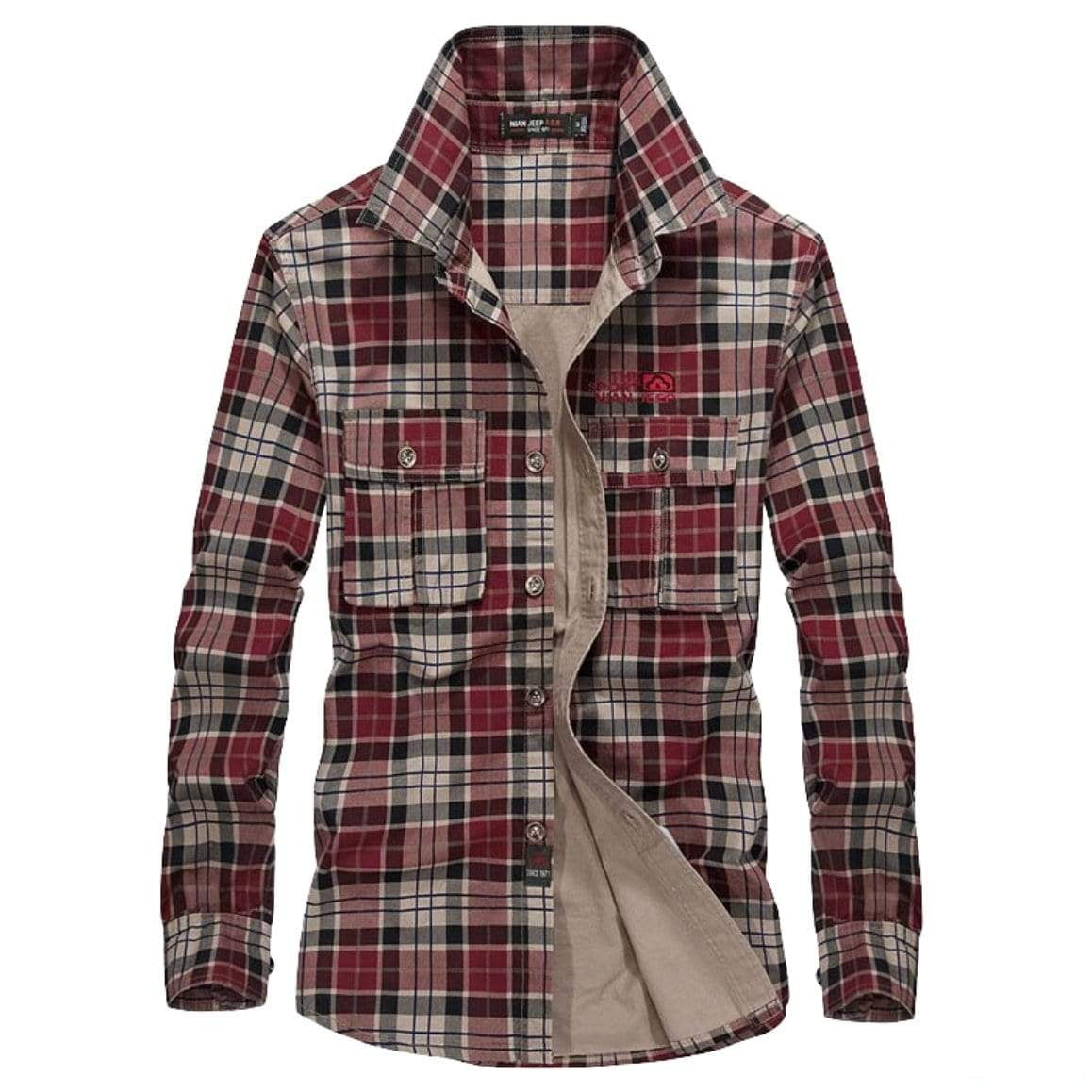 An open, long-sleeved, red and beige plaid shirt with two chest pockets.