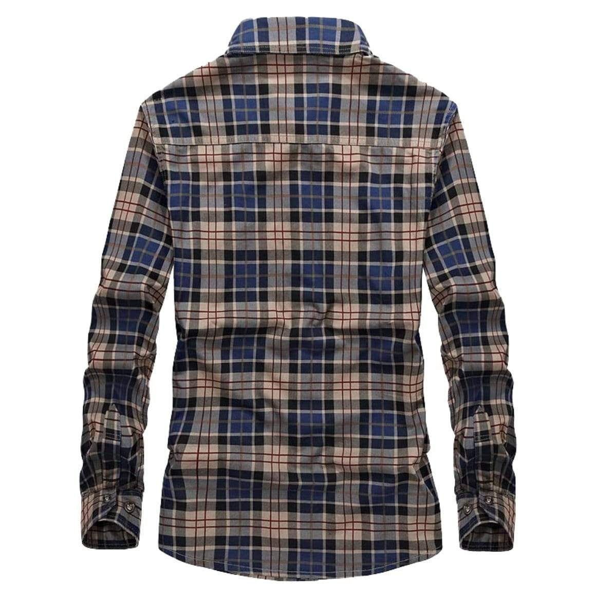 Back of a blue, gray, black, and brown plaid button-down shirt.