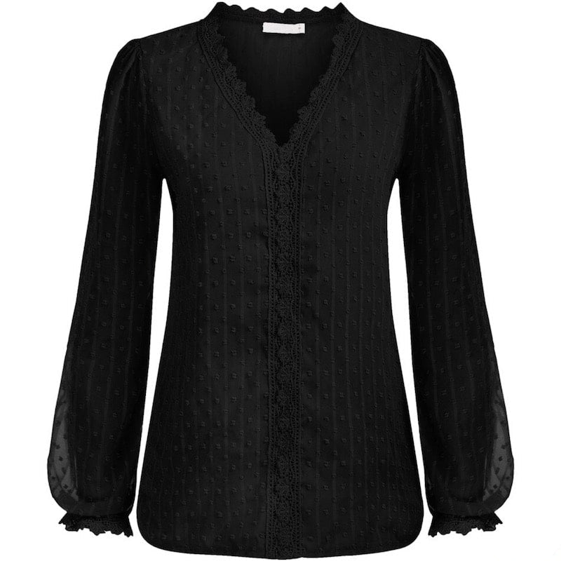 Black blouse with lace trim and long sleeves.