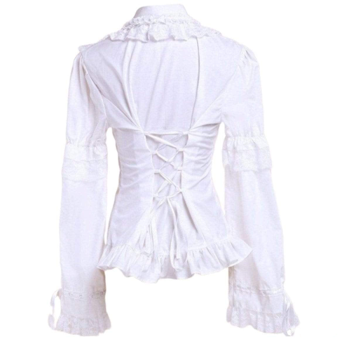 Back of a white blouse with long sleeves and lace-up detailing.