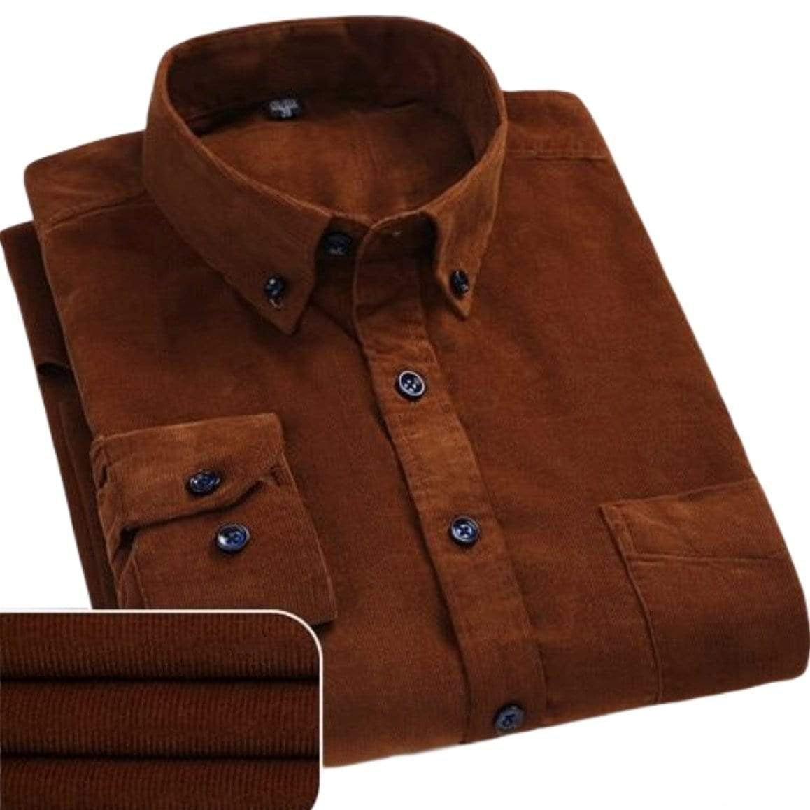 Brown corduroy button-down shirt.
