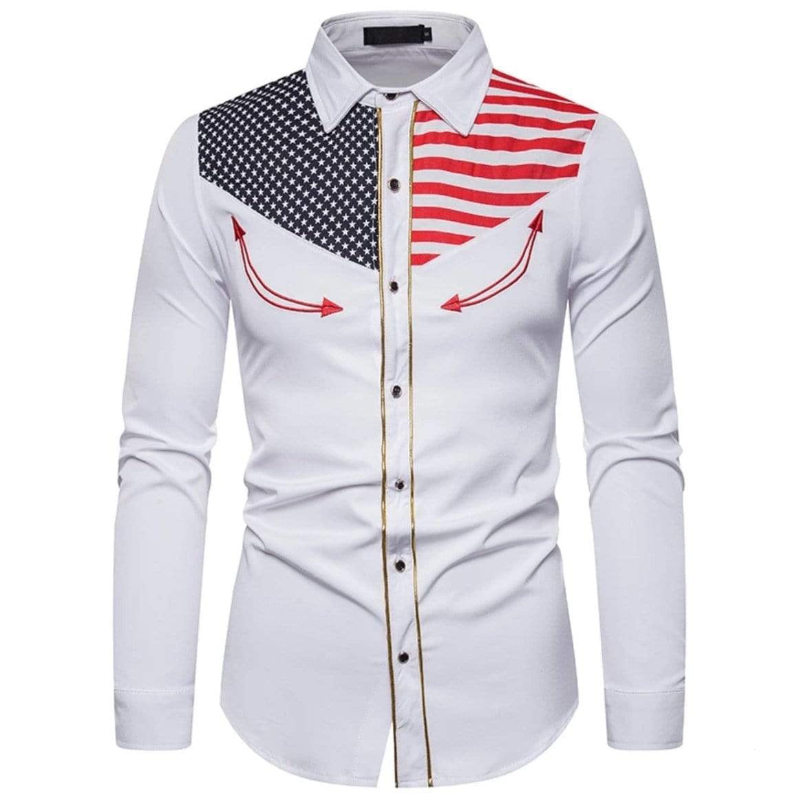 White long-sleeve shirt with stars and stripes pattern on yoke, gold trim.
