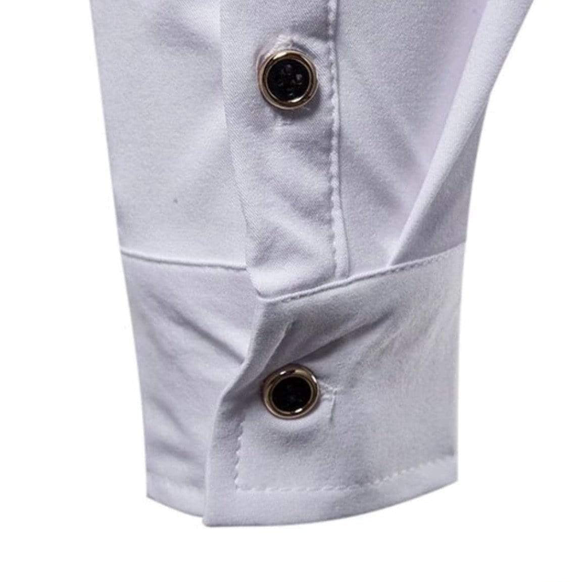 White shirt sleeve with gold buttons.