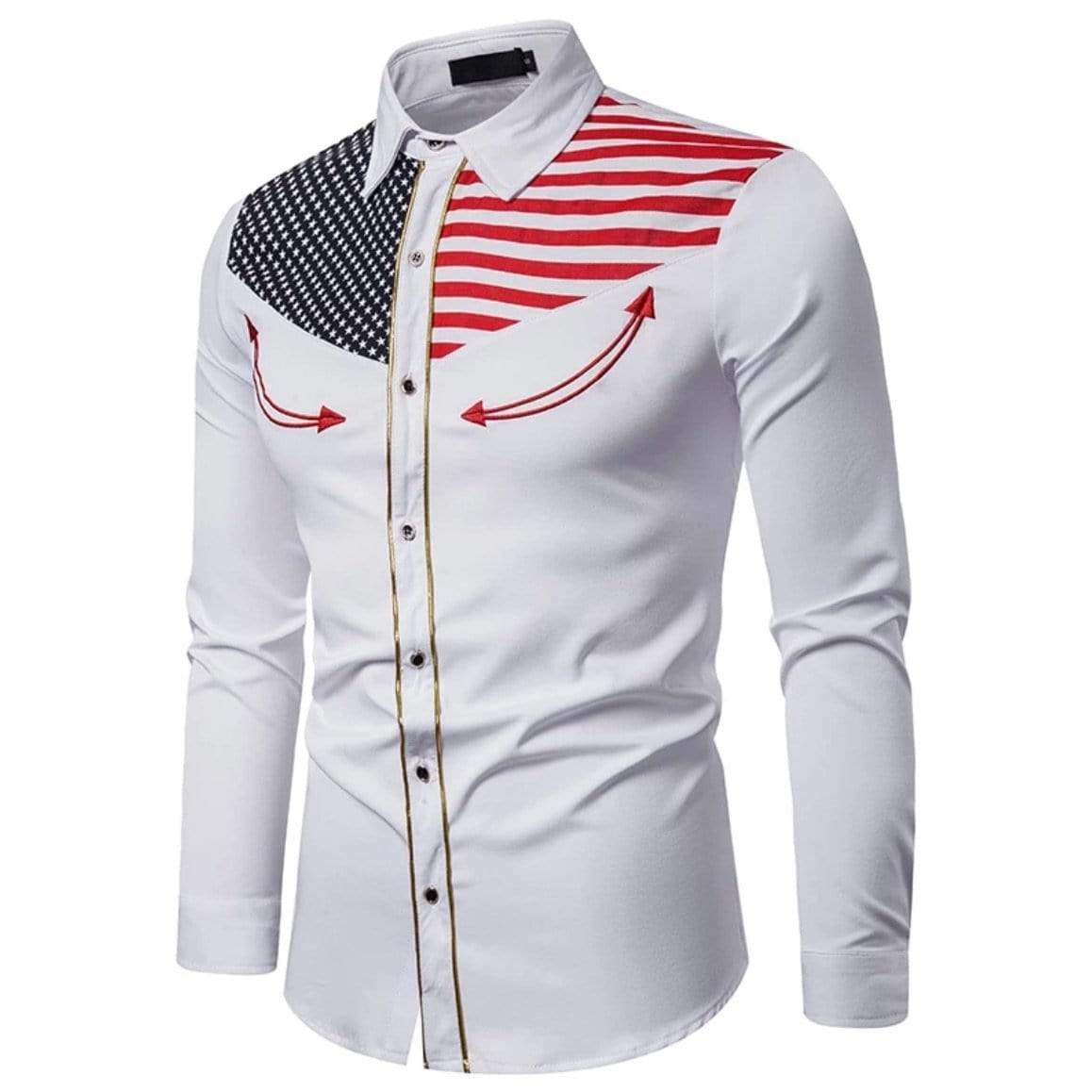 White long-sleeved shirt with American flag-inspired design.