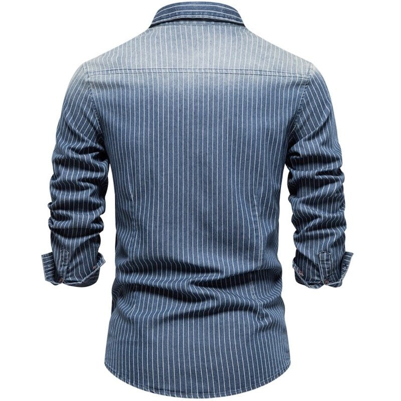 Back view of a blue and white striped denim shirt with long sleeves.