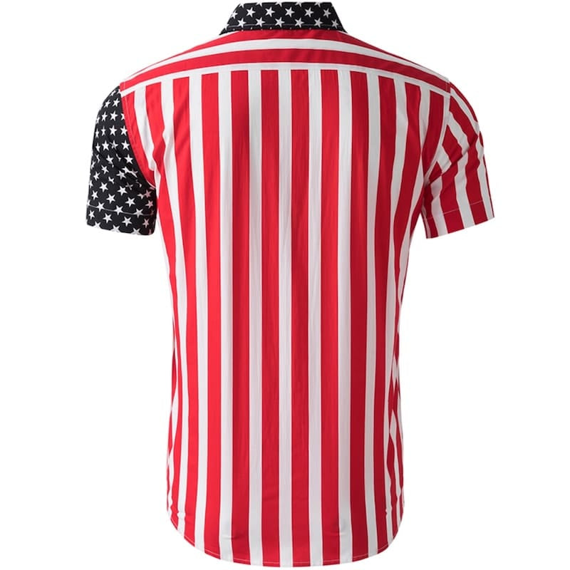 American flag shirt with short sleeves. Red and white stripes, star pattern on the collar and one sleeve.