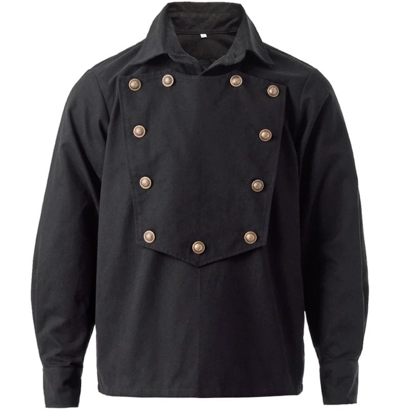 Black long-sleeved shirt with decorative gold buttons.
