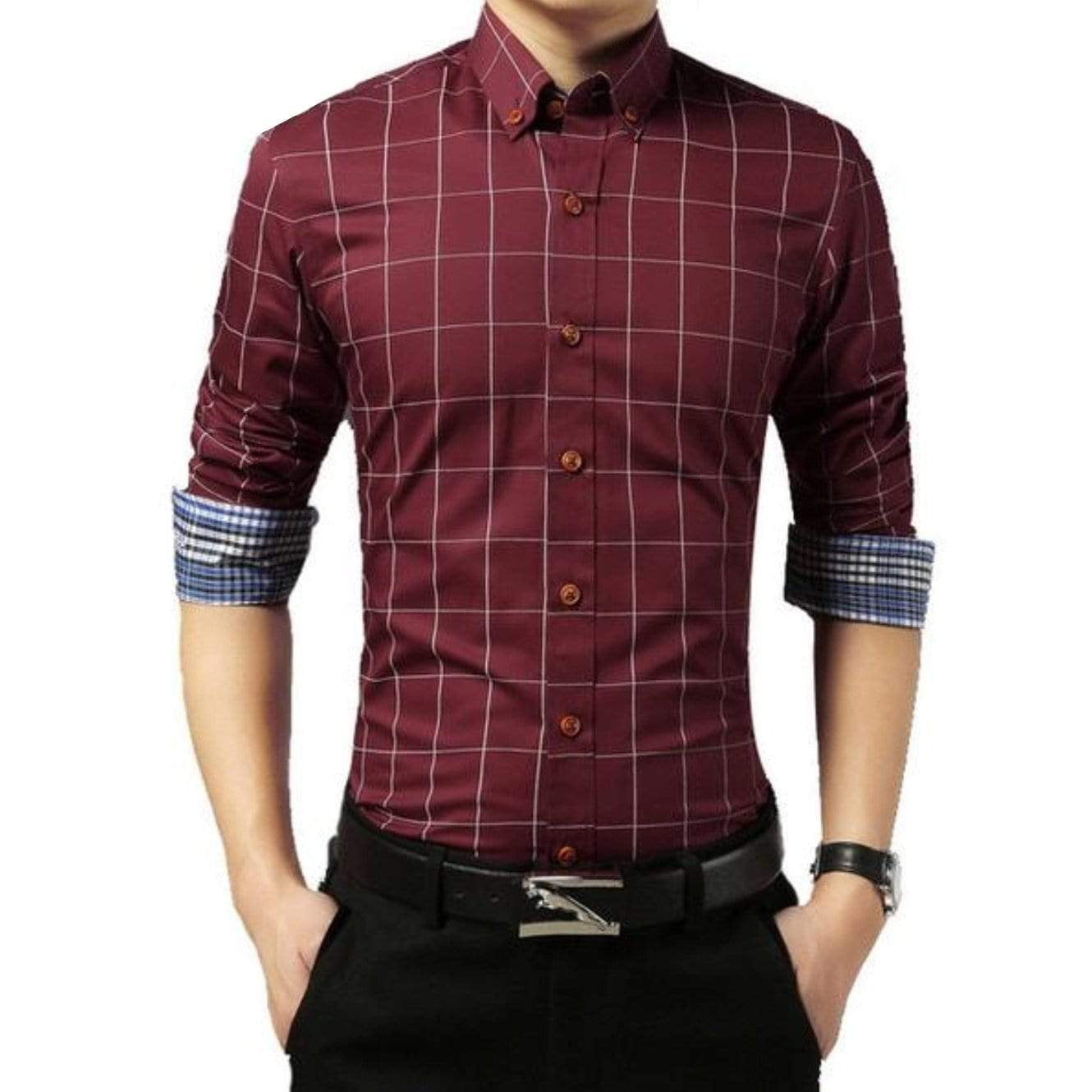 Maroon plaid shirt with blue and white cuffed sleeves.