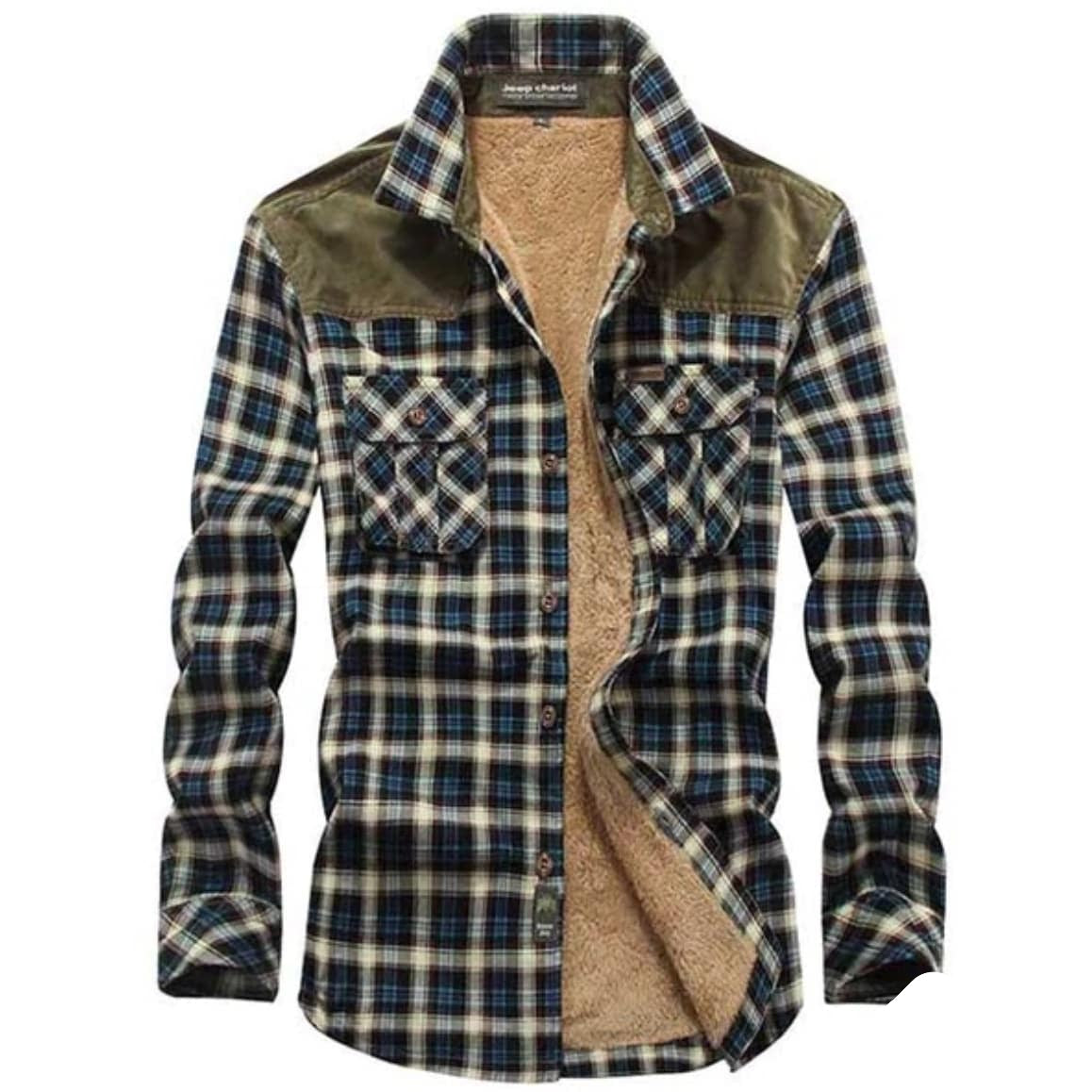 Open, plaid flannel shirt with corduroy shoulder yoke and lining.

