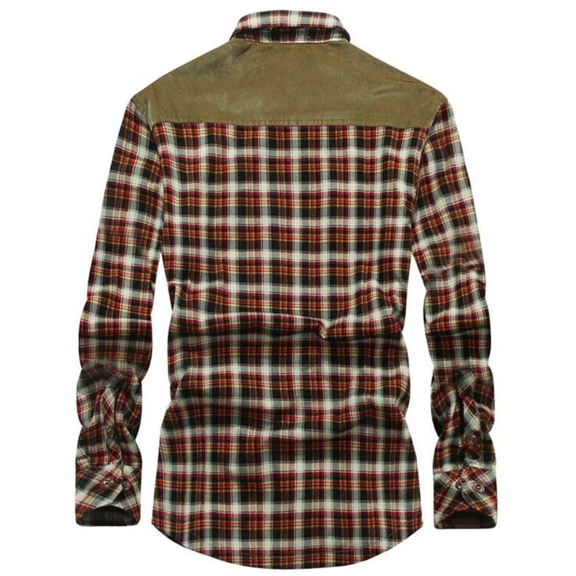 Back view of a long-sleeved, plaid flannel shirt with a brown suede yoke.