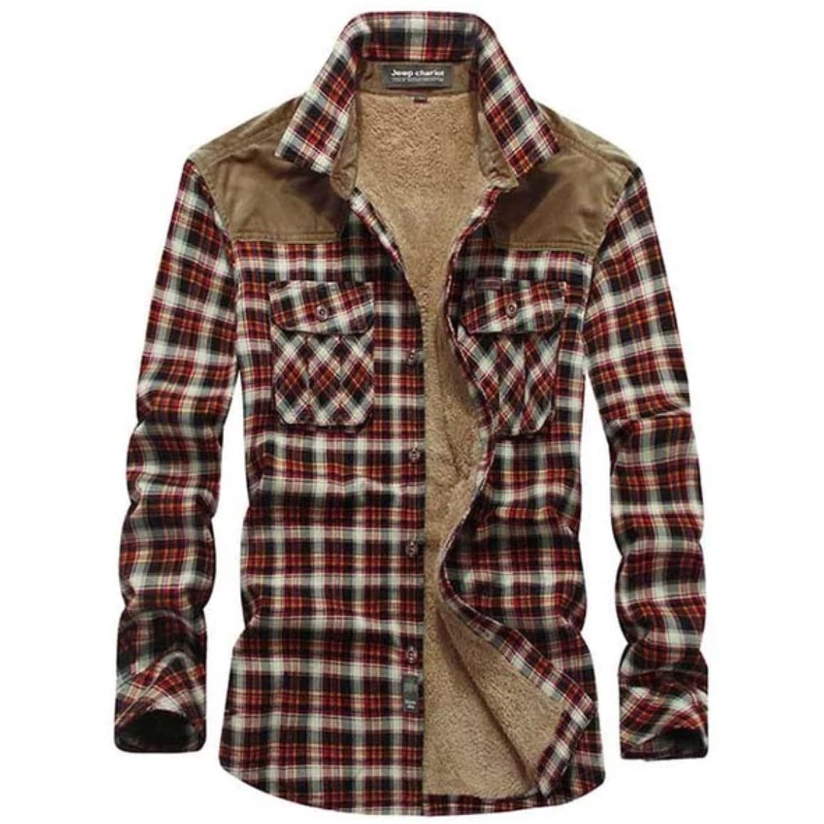 A red and black flannel shirt with brown corduroy yoke and sherpa lining.
