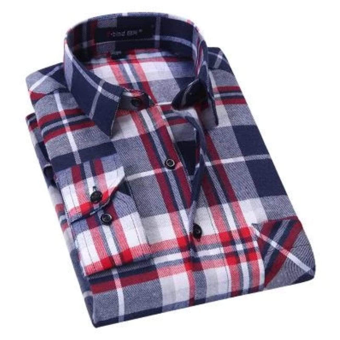 Folded, long-sleeved, plaid shirt with red, white, and blue.