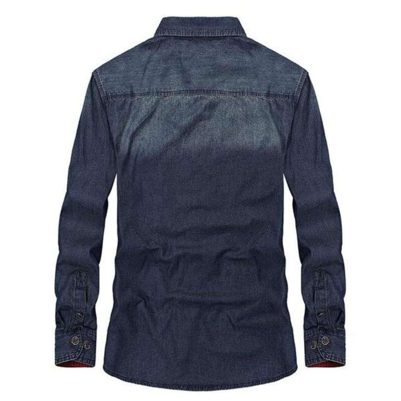 Back view of a long-sleeved, blue denim shirt.