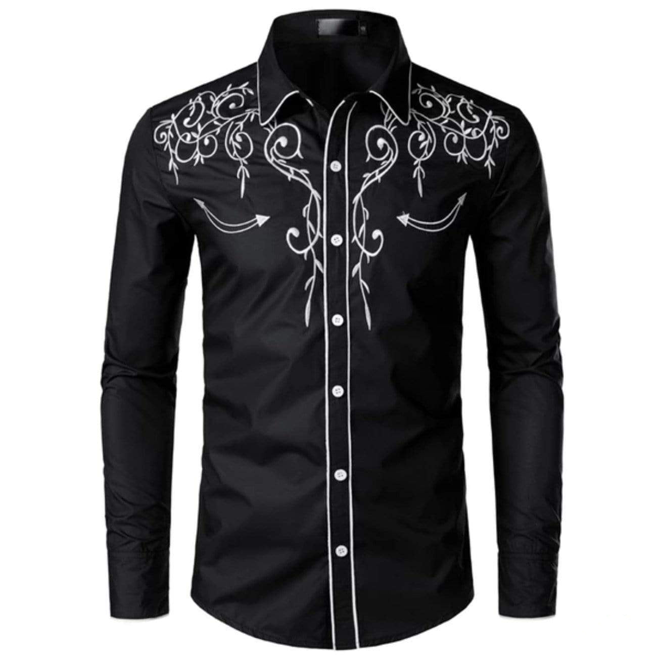 Black Western-style shirt with white embroidery.
