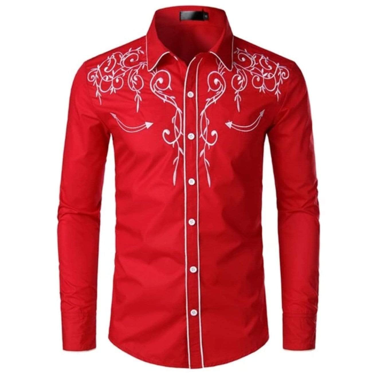 Red Western-style shirt with white embroidery.