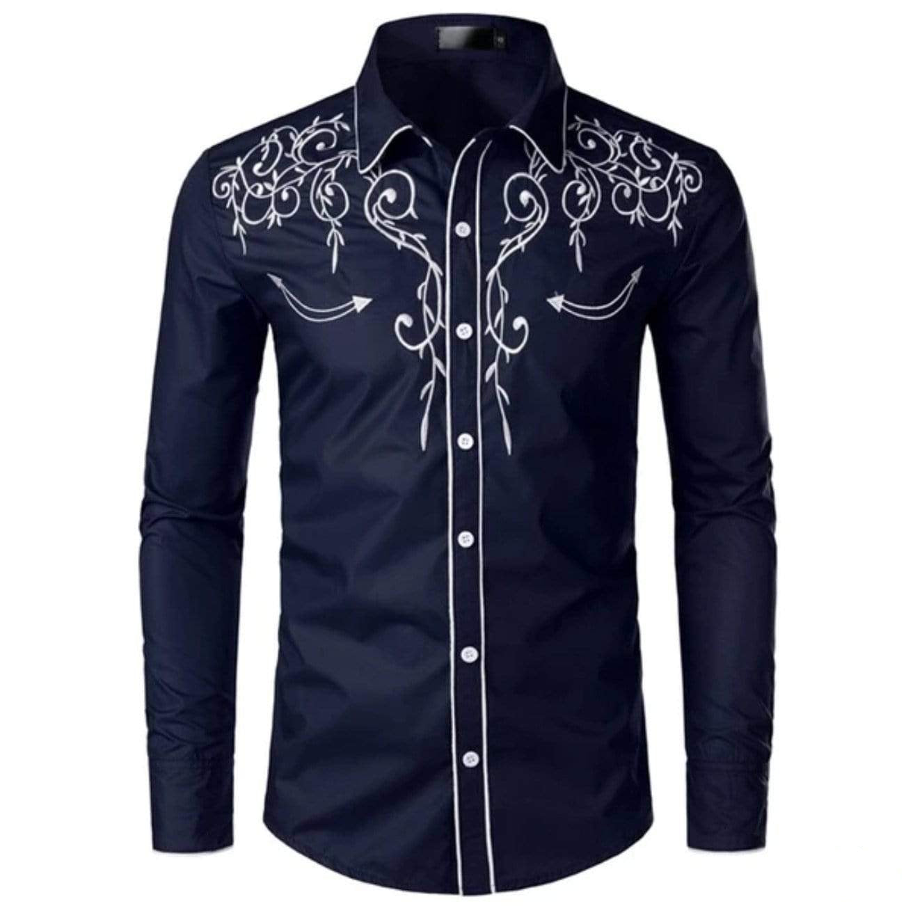 Men's blue button-down shirt with white embroidery.