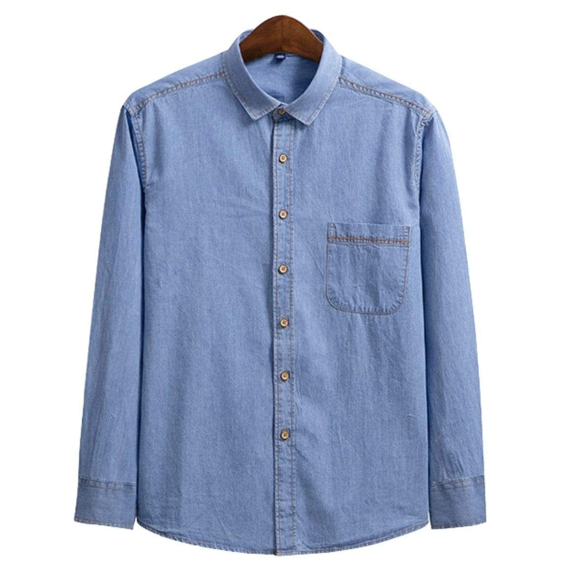 Denim button-up shirt in light blue.