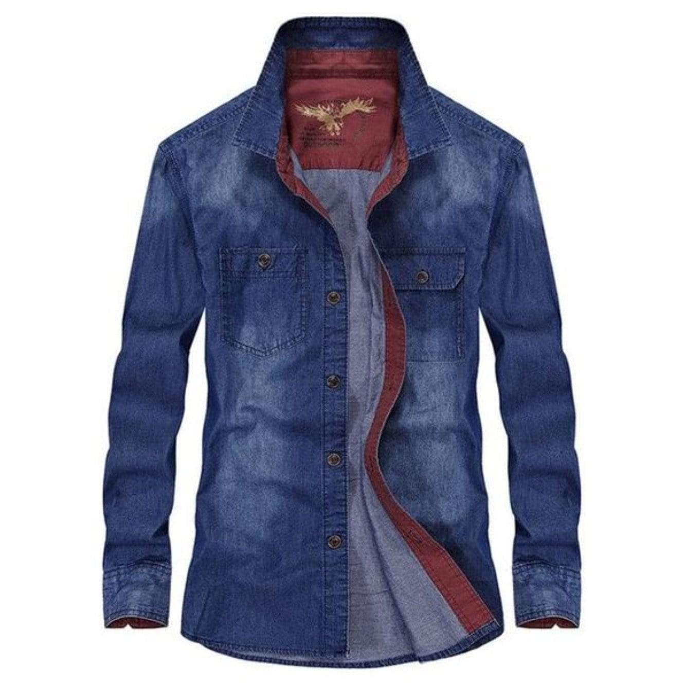 Open, long-sleeved, blue denim shirt with red trim.