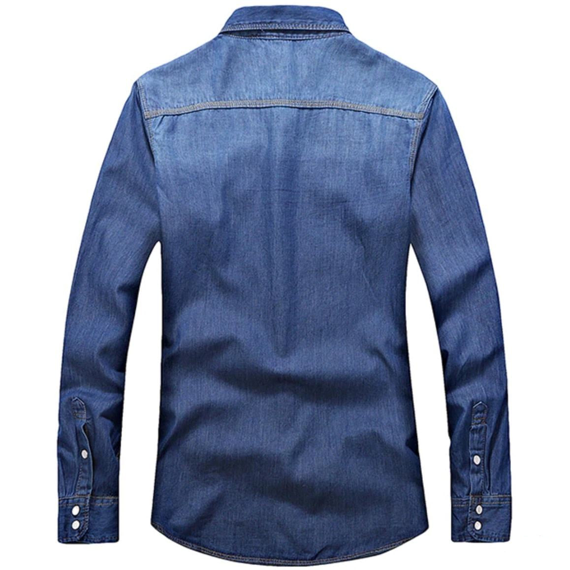 Back of a blue denim long-sleeved shirt.