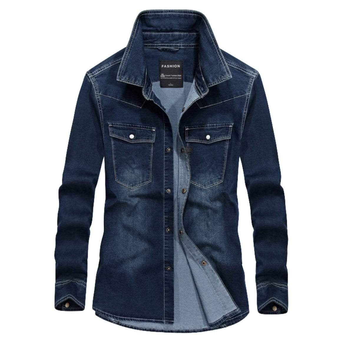 Dark blue denim shirt, open with two chest pockets.