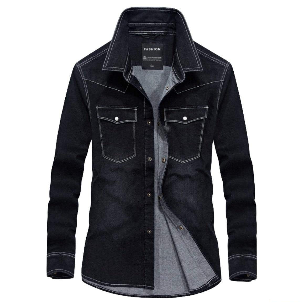 Black denim shirt with white stitching.