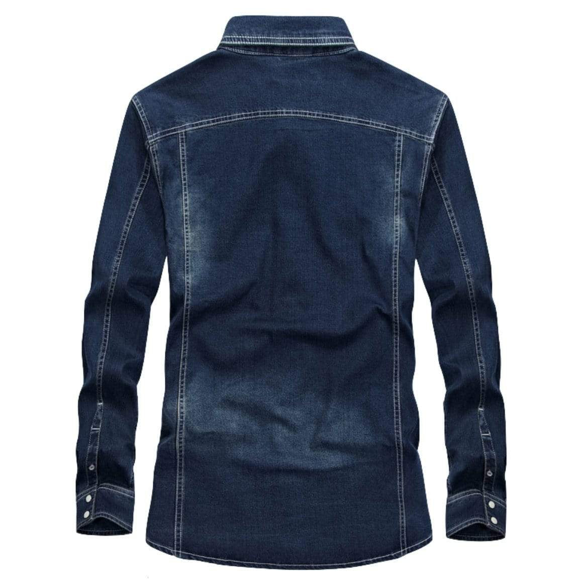 Back view of a long-sleeved blue denim shirt.