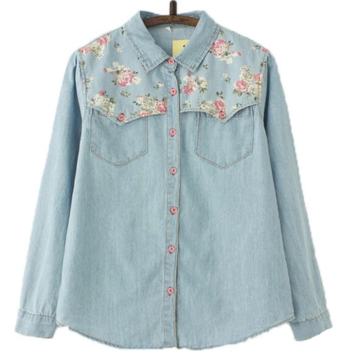 Light blue denim shirt with floral details.