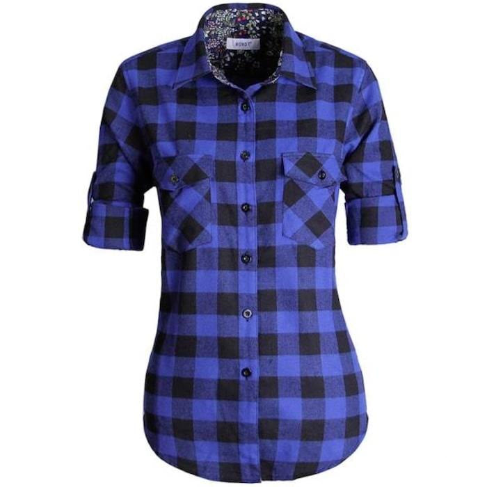 Blue and black plaid button-down shirt with floral collar lining and short sleeves.