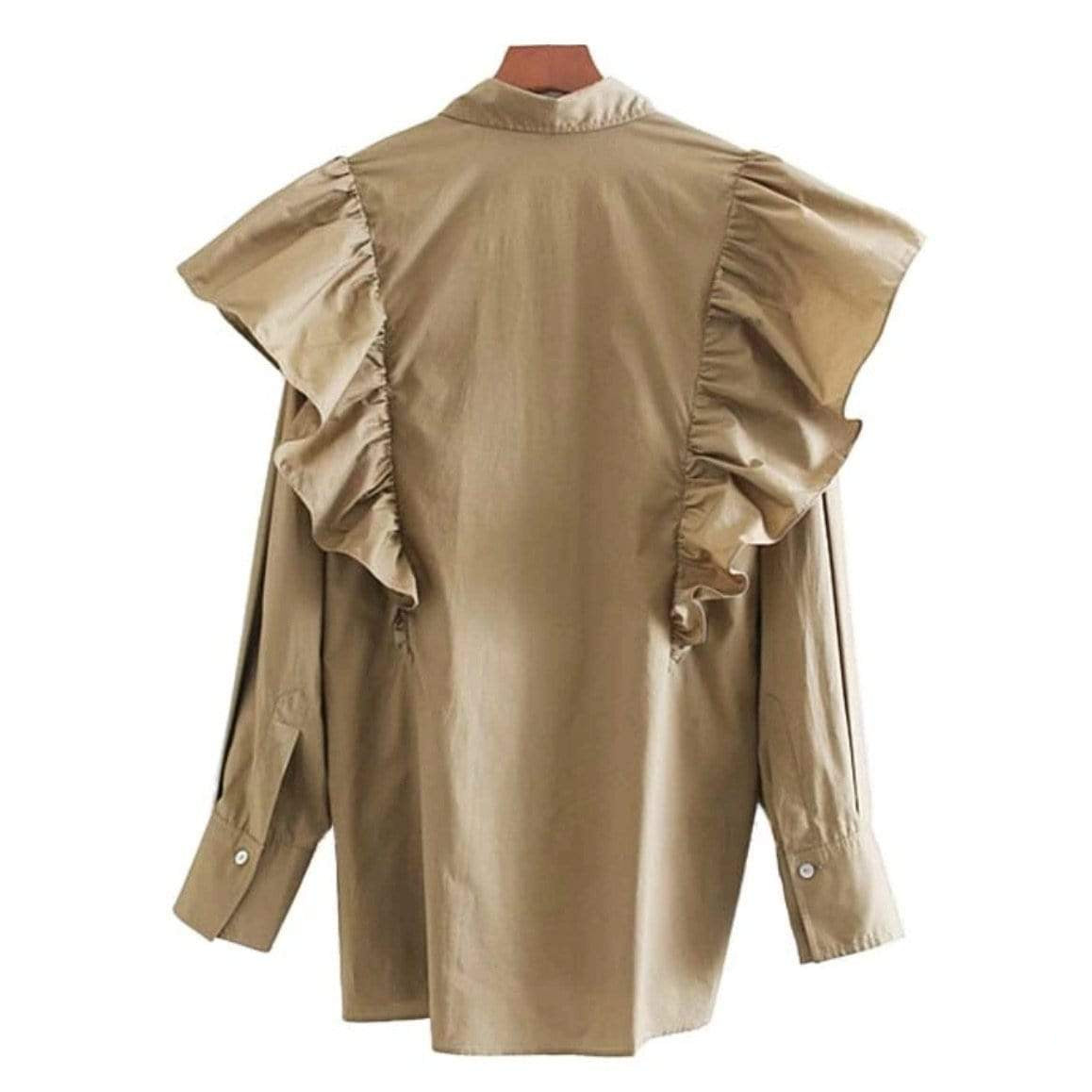 Khaki shirt with ruffled shoulders.